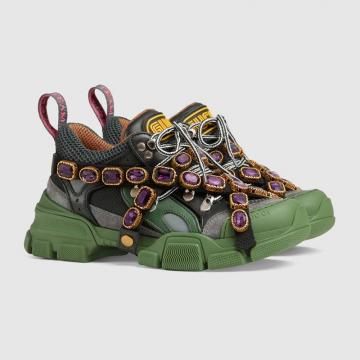 Gucci女士运动鞋 537153 绿色Flashtrek系列饰可拆卸水晶运动鞋