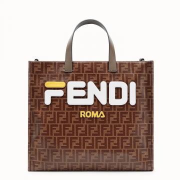 Fendi购物包 8BH357A5N6F155W 芬迪白字饰棕色FF图案拼色手提购物袋