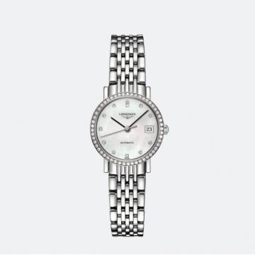 Longines制表传统系列—博雅系列浪琴女士自动机械腕表 L4.309.0.87.6 白色镶钻表壳白色珍珠母贝表盘3指针钢带手表