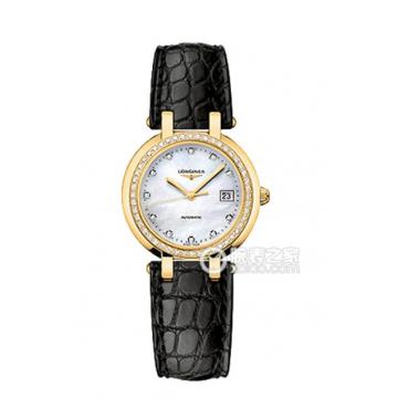 Longines优雅系列—浪琴表月心系列女士机械表 L8.113.7.87.2 金壳镶钻白盘日期三针黑色皮带手表