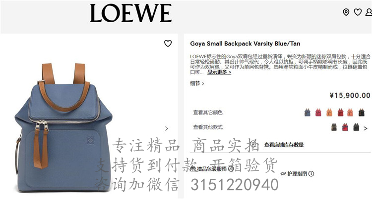 Loewe双肩背包 307.12UU15 罗意威蓝色小号Goya 背包