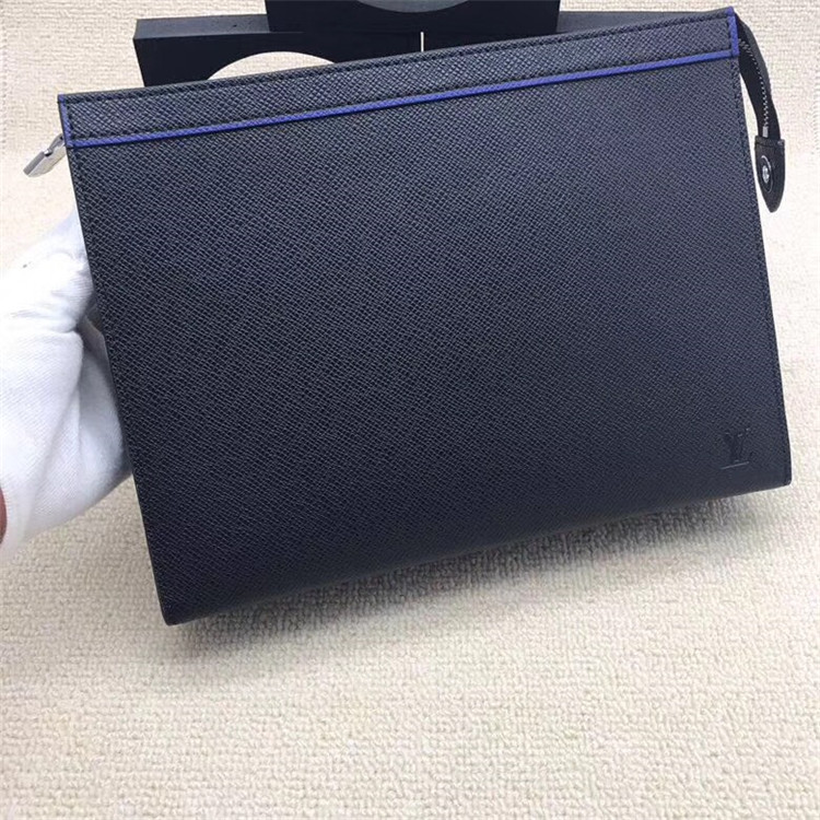 LV手拿包 M30573 黑色十字纹饰蓝条POCHETTE VOYAGE 中号手袋