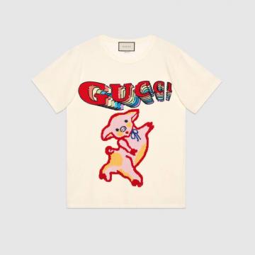 Gucci白色女士小猪图案超大造型棉质T恤 492347 XJARB 7136
