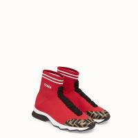 芬迪女款红色饰装饰性鞋带和FF图案的橡胶处理中高帮袜口运动鞋 8T6835A622F15EO