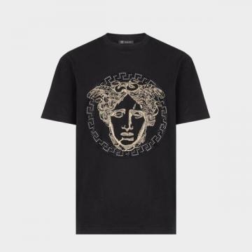 范思哲黑色修身版希腊回纹美杜莎图案 T恤 A81875-A224589_A008