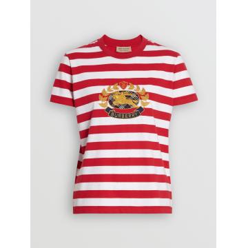 博柏利Burberry镉红色徽章装饰条纹棉质 T恤衫 80047521