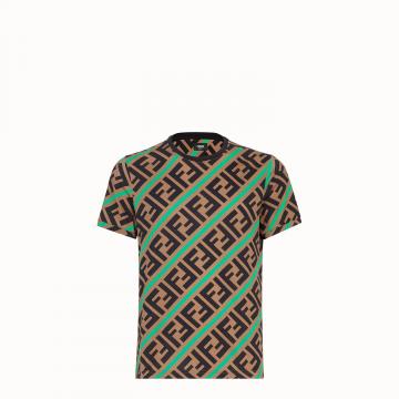 芬迪绿色撞色斜对角条纹饰黑色斜对角FF图案棉质T恤 FY0894A7A8F0EOW