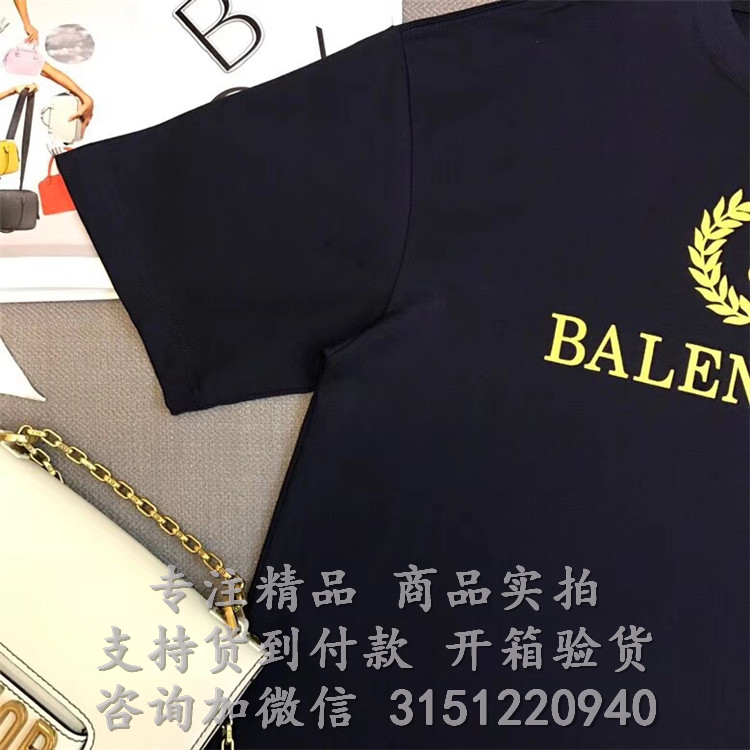 巴黎世家黑色正面印饰“BB Balenciaga”印花 T恤衫 535622TAV044128