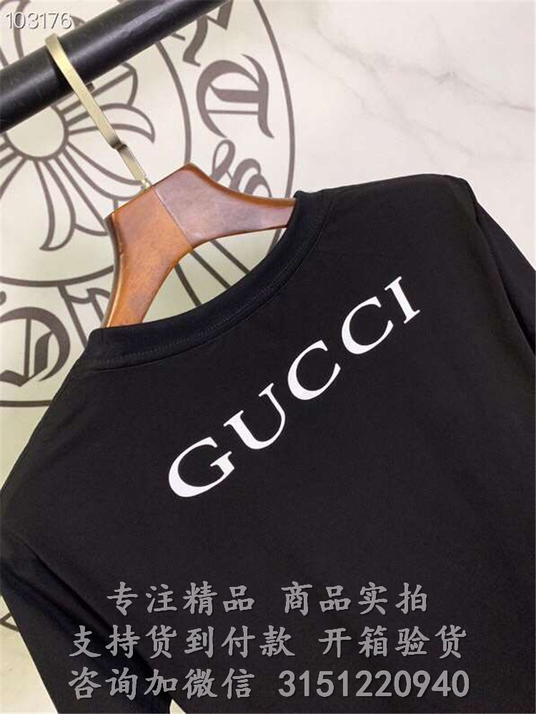 古驰黑色超大造型金属风Gucci印花T恤 493117 XJAKE 1142