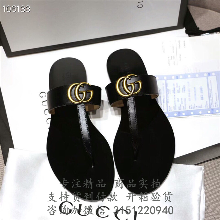 古驰Gucci黑色双G造型皮革夹趾凉鞋 497444 A3N00 1000