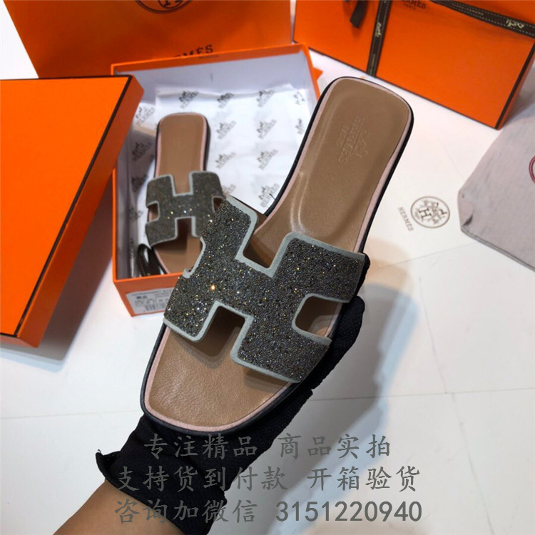 爱马仕Hermes银色Oran麂皮山羊皮凉鞋平底拖鞋 H142149Z AR385