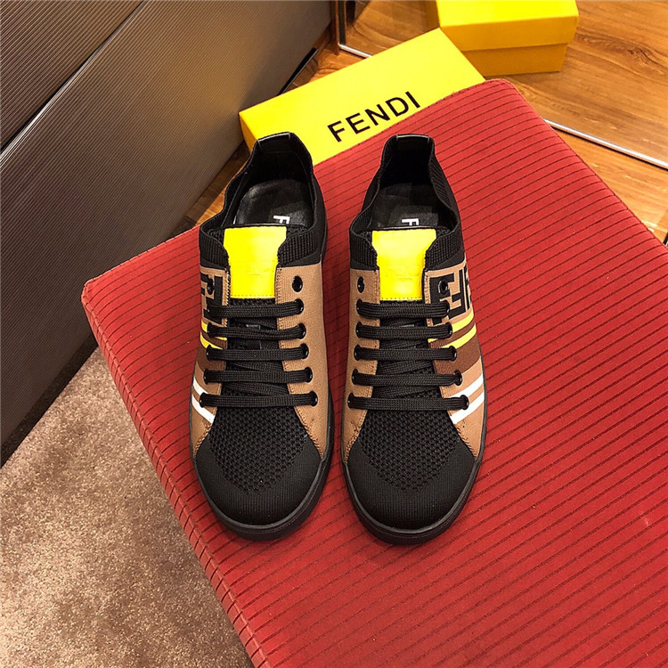 芬迪男款黑色饰标志性FF图案和撞色运动感条纹高科技布料系带运动鞋 7E1202A5JRF15J3