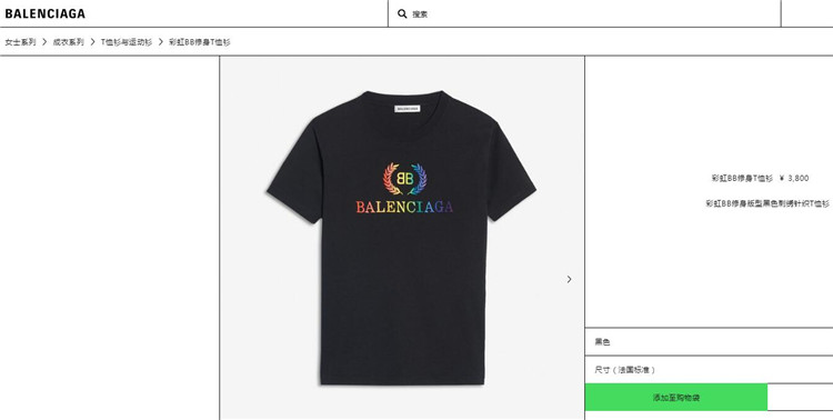 巴黎世家Balenciaga黑色彩虹BB修身版型刺绣针织T恤衫 570814TEV531000