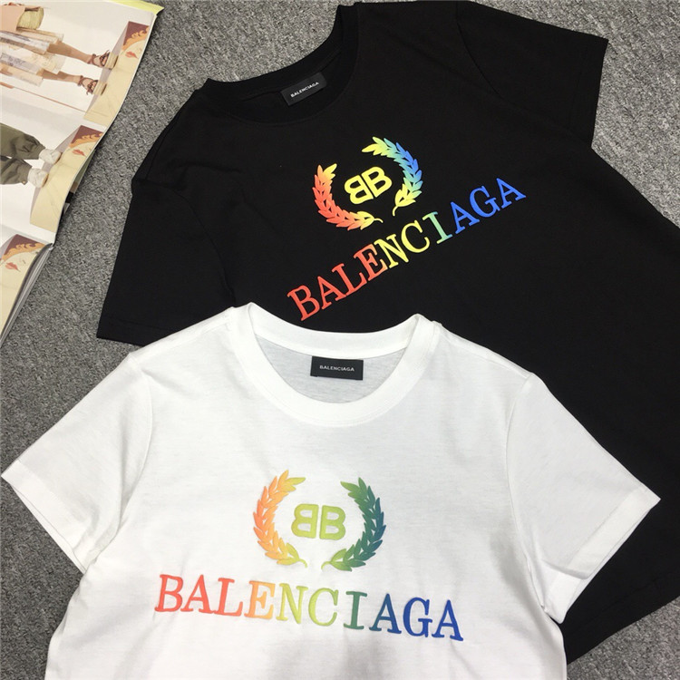 巴黎世家Balenciaga黑色彩虹BB修身版型刺绣针织T恤衫 570814TEV531000