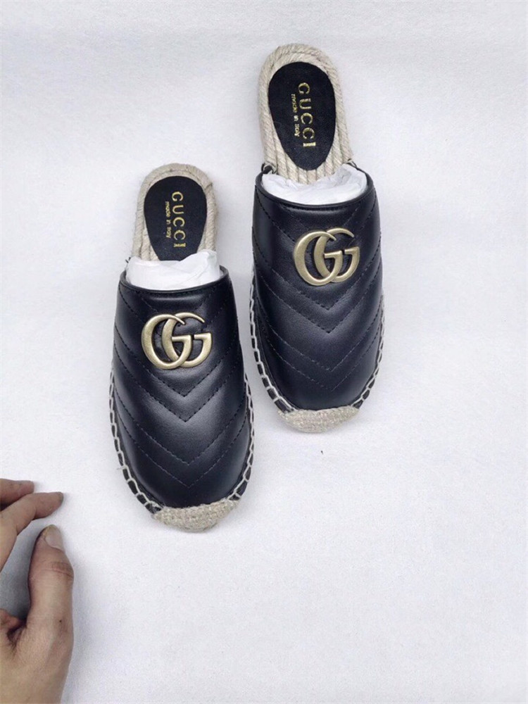 古驰Gucci黑色双G皮革草编凉鞋 ‎573028 BKO00 1000