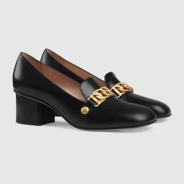 古驰Gucci黑色Sylvie系列皮革中跟浅口鞋 537539 CQXS0 1183