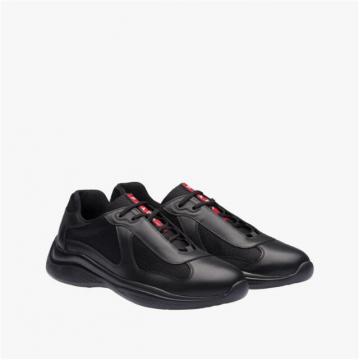 普拉达Prada黑色皮革和织物面料运动鞋网鞋 4E3337_6GW_F0002