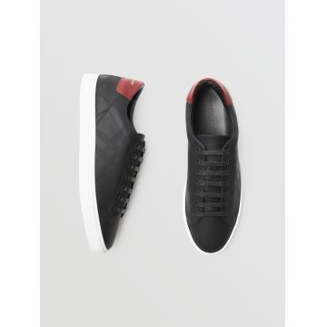 巴宝莉Burberry黑色/红色冲孔格纹皮革运动鞋板鞋 40584171