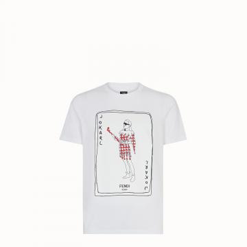 芬迪Fendi白色定制JoKarl时装秀印花棉质T恤 FY0894A6ZPF0QA0