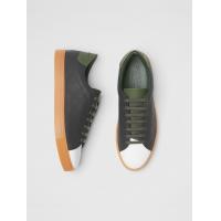 巴宝莉Burberry黑色/绿色冲孔格纹皮革运动鞋板鞋 80067761