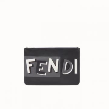 芬迪Fendi黑色饰以黑色、白色和灰色构成FENDI字样薄款手拿包 7N0078A0YUF0P7D