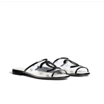 香奈儿Chanel黑色透明印花PVC与小牛漆皮蜜儿拖鞋 G34821 Y53237 C0568