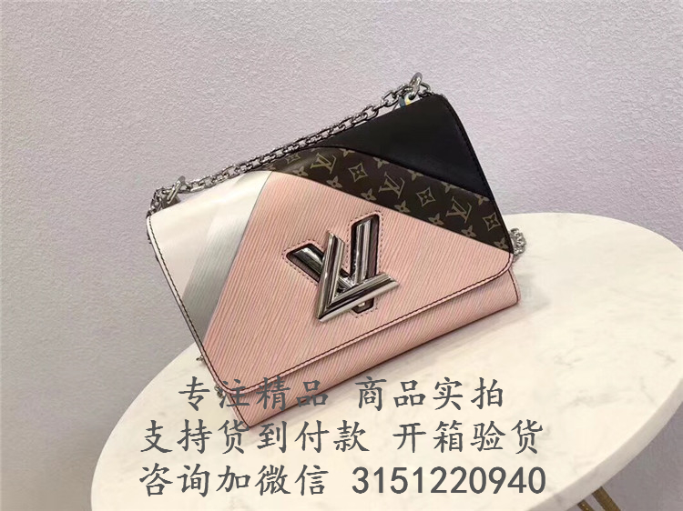 LV链条包 M53800 粉色点缀Monogram Tape 图案TWIST 中号手袋