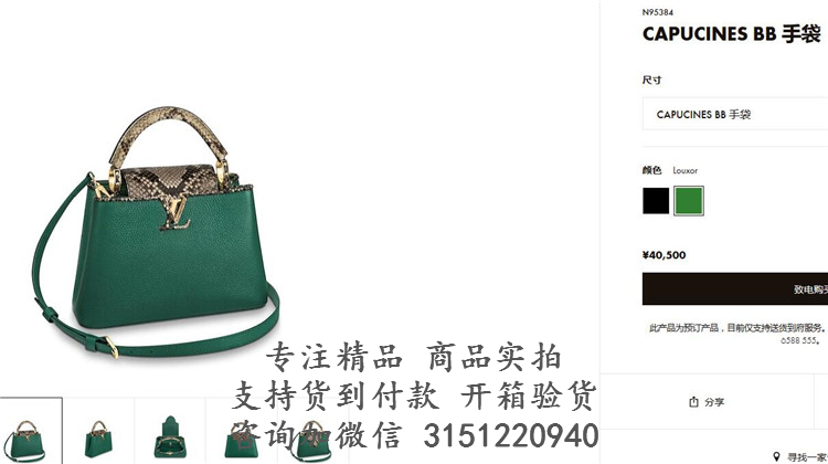 LV手提包 N95384 绿色饰蟒蛇皮CAPUCINES BB 手袋