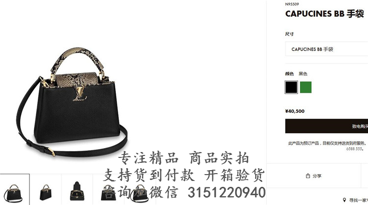LV手提包 N95509 黑色饰蟒蛇皮CAPUCINES BB 手袋