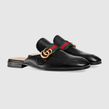 古驰Gucci黑色Princetown 系列双G皮革拖鞋 ‎469891 D3VN0 1060