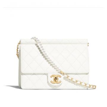 香奈儿Chanel白色羊皮革与人造珍珠口盖包 AS0582 B00371 10601