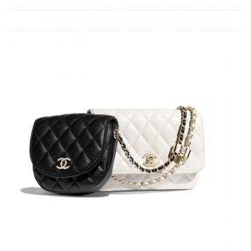 香奈儿Chanel白色/黑色菱格羊皮双挎袋 AS0649 B00510 C0229