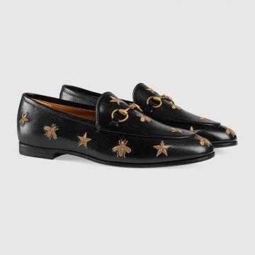 古驰黑色Gucci Jordaan系列刺绣皮革乐福鞋 505281 D3V00 1000