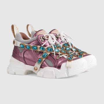 古驰Gucci粉色金属质感Flashtrek系列饰可拆卸水晶运动鞋 537133 DORA0 5860