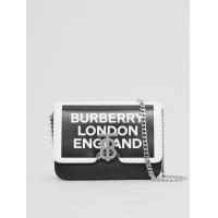 Burberry链条包 80124761黑色白色字母印花  TB 小号专属标识徽标印花皮革锁扣包