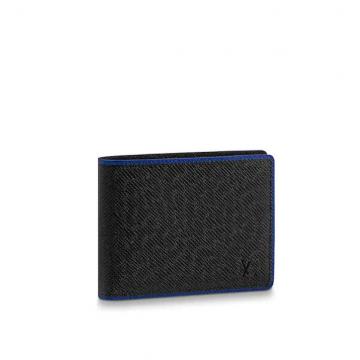 LV短款二折钱包 M30563 黑色十字纹饰宝蓝色滚边  MULTIPLE 钱夹