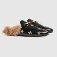 古驰Gucci黑色皮革蜜蜂和星星刺绣Princetown 系列拖鞋 505277 D3VT0 1063