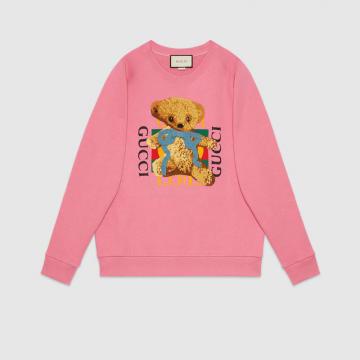 古驰圆领卫衣 粉色纯棉 饰Gucci标识和泰迪熊超大造型卫衣 489677 X9N17 5681