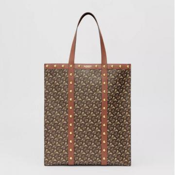 Burberry购物袋  80230121 博柏利棕褐色专属标识印花环保帆布竖版托特包