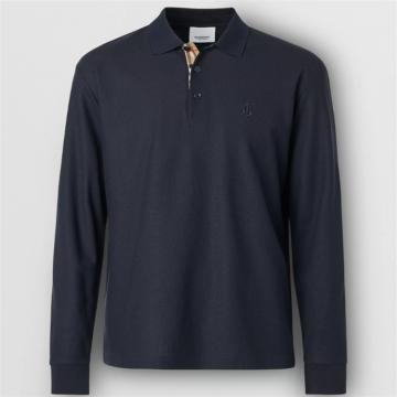 BURBERRY 80176281 男士海军蓝色 长袖专属标识图案珠地网眼布棉质 Polo 衫