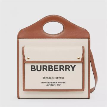 BURBERRY 80317451 女士棕色中号双色帆布拼牛皮口袋包