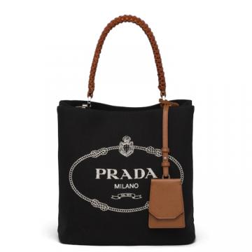 PRADA 1BA212 女士黑色 Prada Panier 帆布和牛皮手袋