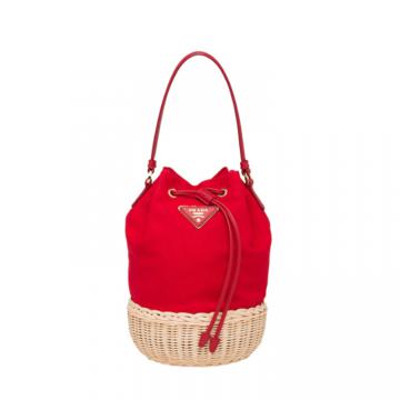 PRADA 1BH115 女士红色 柳条编织和帆布水桶包