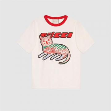 GUCCI 616036 男士白色 Gucci 小猫印花超大造型 T恤