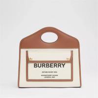 BURBERRY 80367841 女士自然色拼麦芽棕色 小号双色帆布口袋托特包