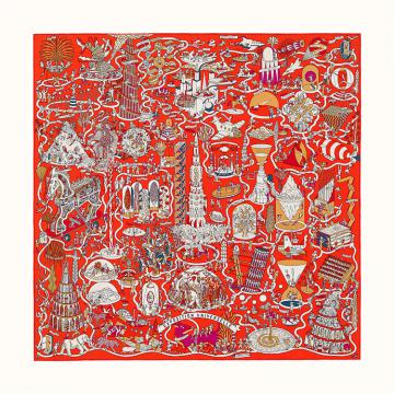 HERMES H003536S 女士红色“世界博览会”90厘米方巾