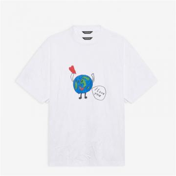 BALENCIAGA 657059TKV949000 男士白色 Love Earth Flatground Large Fit T恤