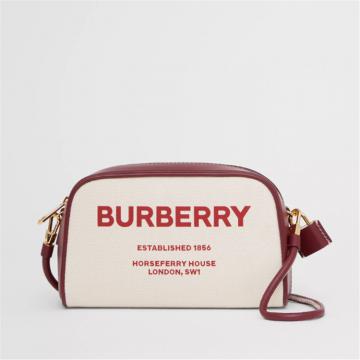 BURBERRY 80367381 女士自然色拼榴石色 Cube Horseferry 印花帆布斜背半立方包