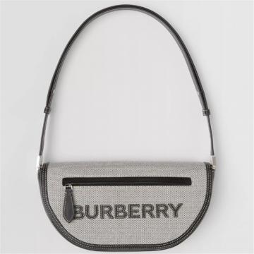 BURBERRY 80397791 女士黑色拼白色 Olympia 小号棉质帆布拼牛皮埃伦匹亚包