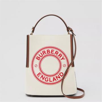 BURBERRY 80368231 女士自然色拼亮红色 小号徽标图案帆布佩格水桶包